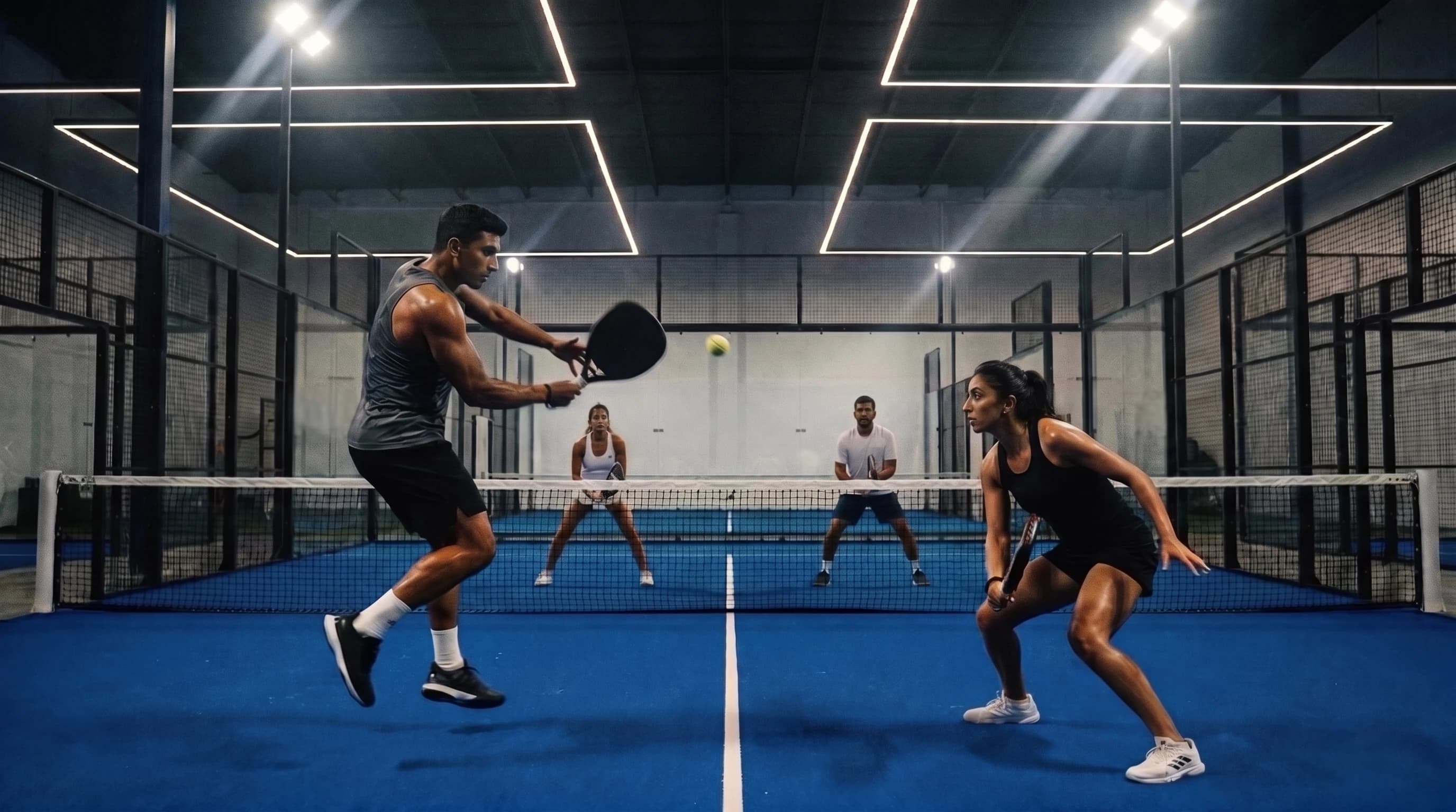 Four players mid-rally on a floodlit indoor padel court