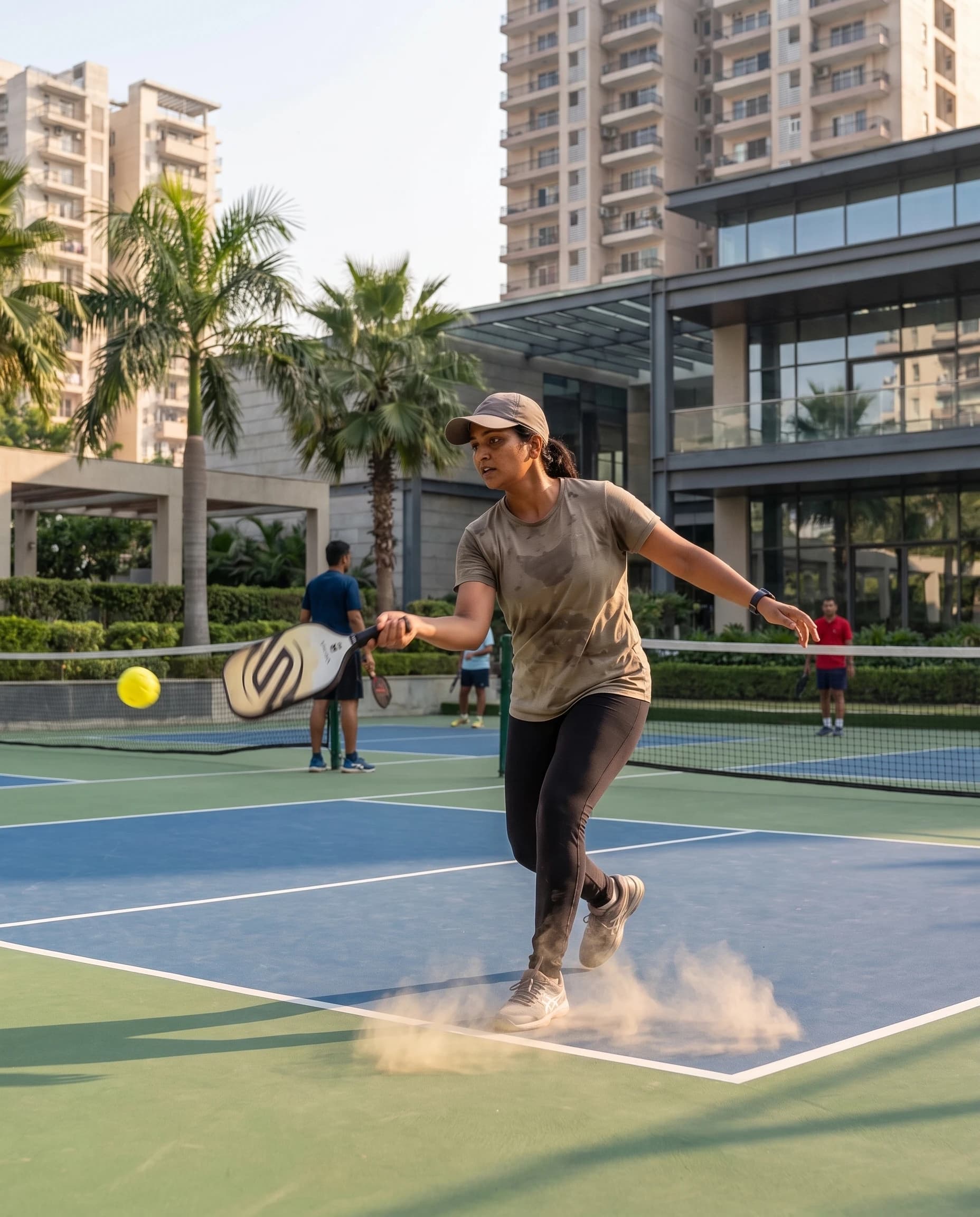 A player mid-swing during a pickleball rally on an outdoor court